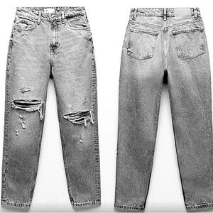 ZARA GREY DENIM RELAXED DISTRESSED HIGH WAIST MOM JEANS 38 6